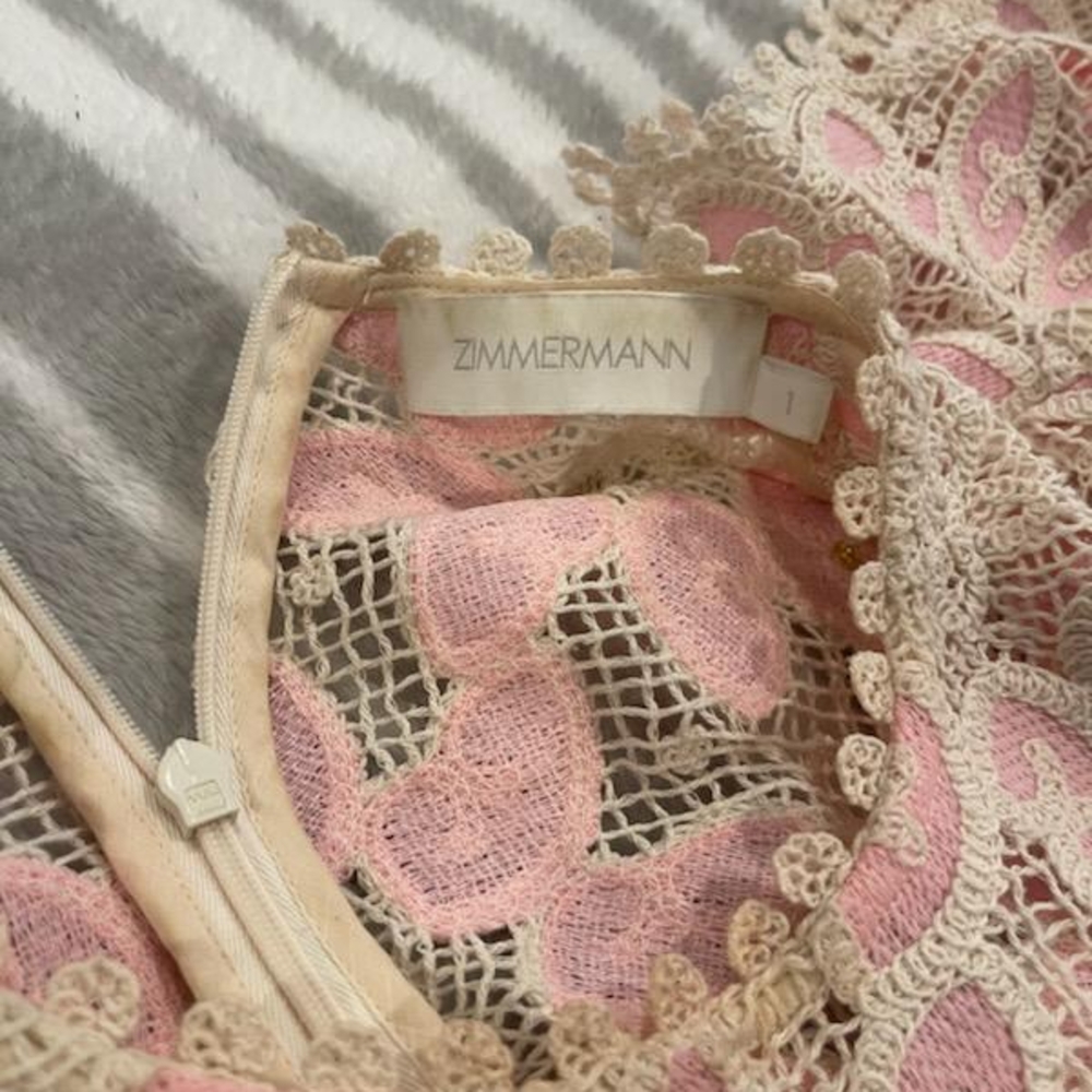 Zimmermann Ottie Scallop Edge Lace Midi Pink and Cream Chemise Dress